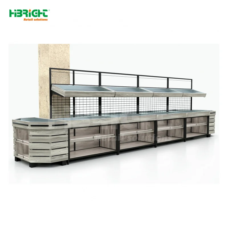 custom.Supermarket Retail Fruit Vegetable Storage Wooden Double-Sided Freestanding Heavy Duty Supermarket Rack 5-Shelf