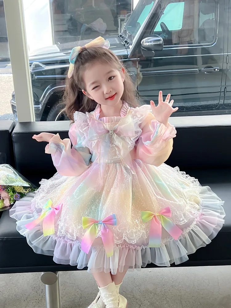

2025Girls' Spring and Autumn New Long-Sleeved Lolita Lace Mesh Bow Cake Dress