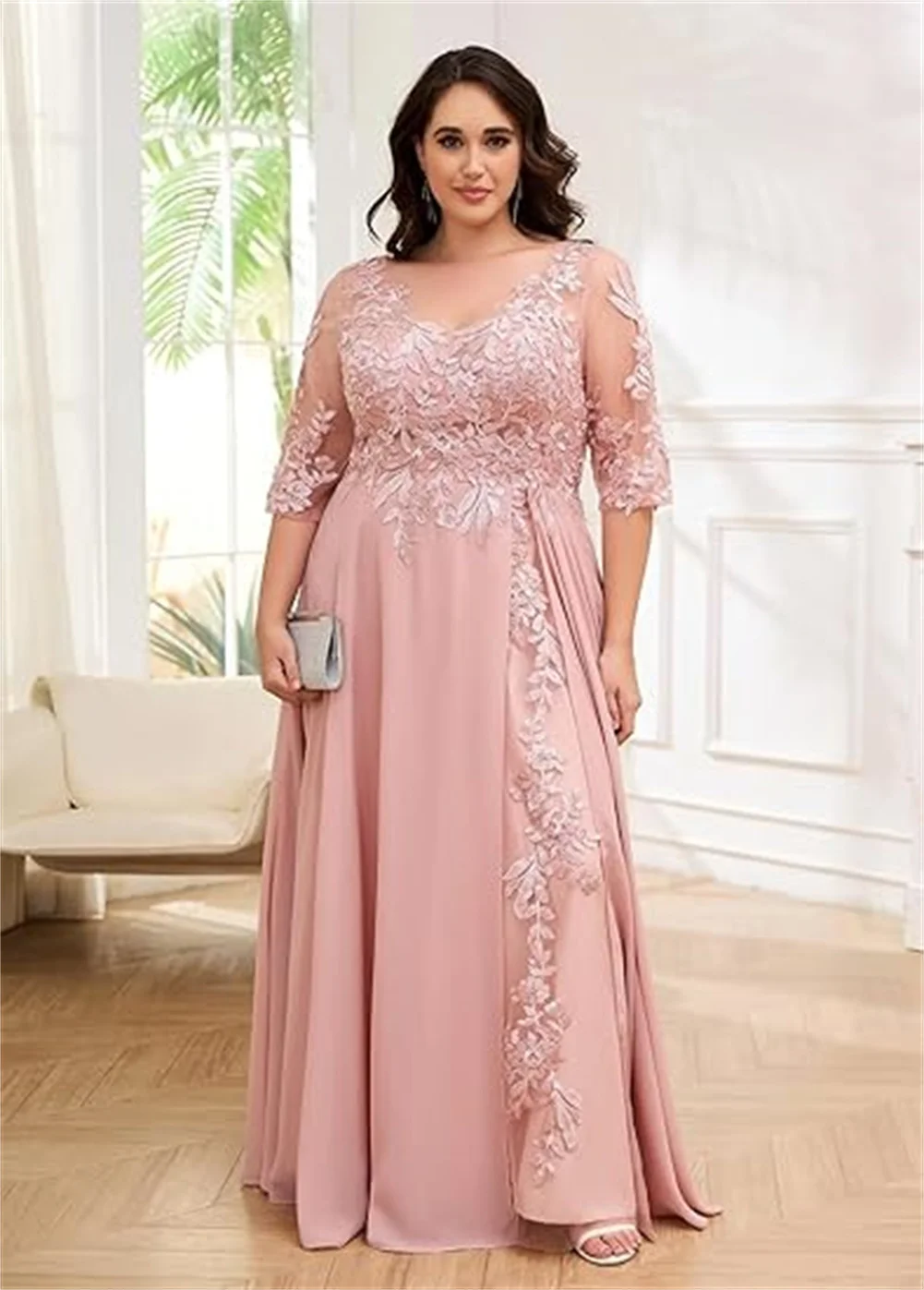 فستان زفاف شيفون لأم العروس ، أكمام ، زينة دانتيل ، فستان رسمي ، فستان حفلة موسيقية ، حجم كبير #4