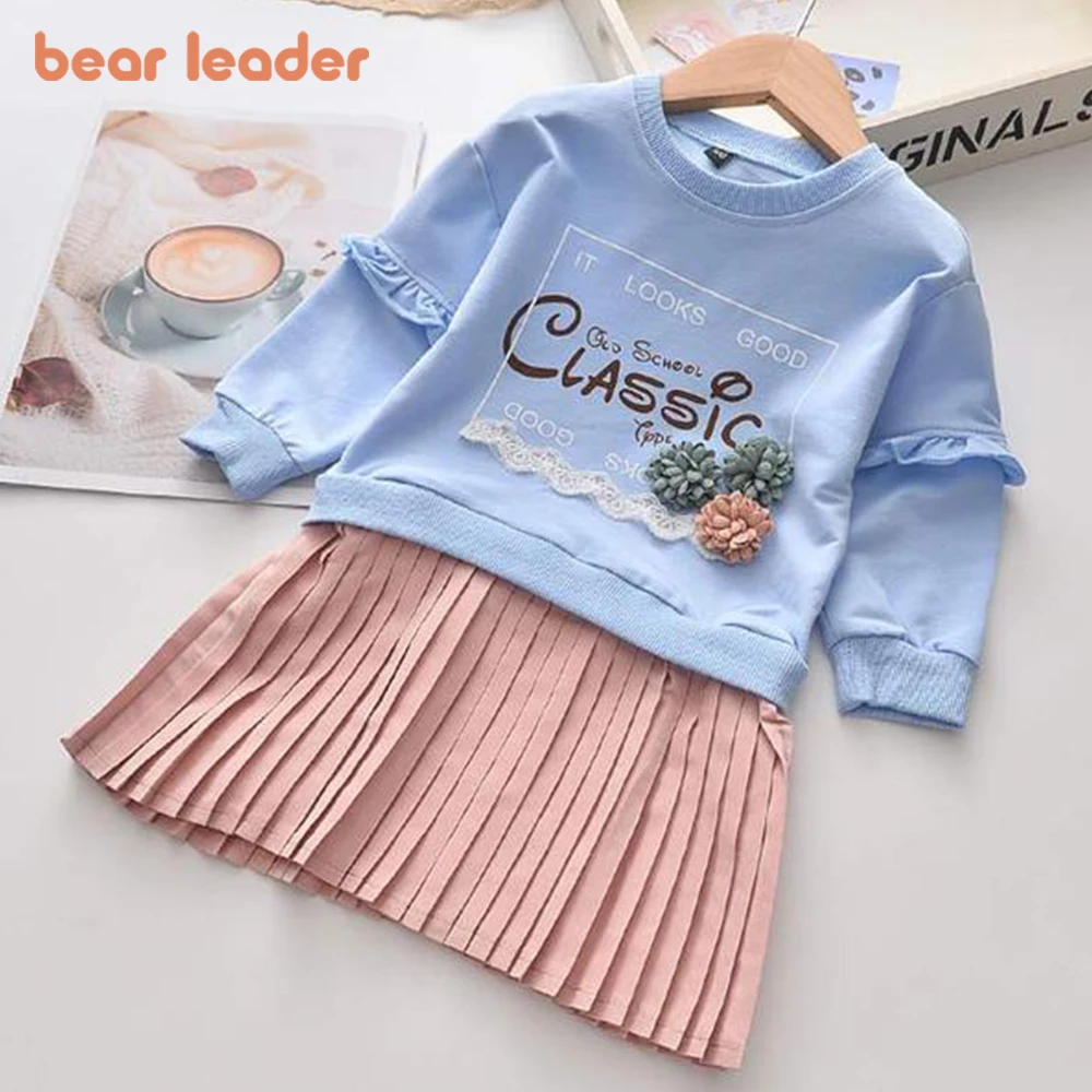 Bear Leader Girls' Dress 2023 Autumn New Long sleeved Flower Decal Pleated Dress Princess Dress Fashion Children's Clothing