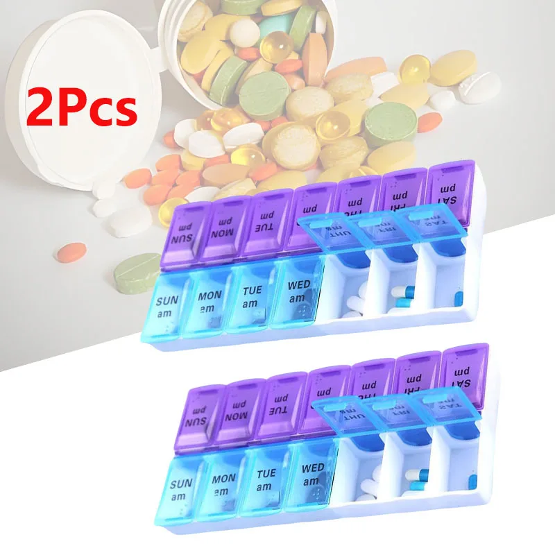 

2Pcs Weekly Portable Travel Pill Box Cases 7 Days Organizer 14 Grids Pills Container Storage Tablets Vitamins Medicine Fish Oils