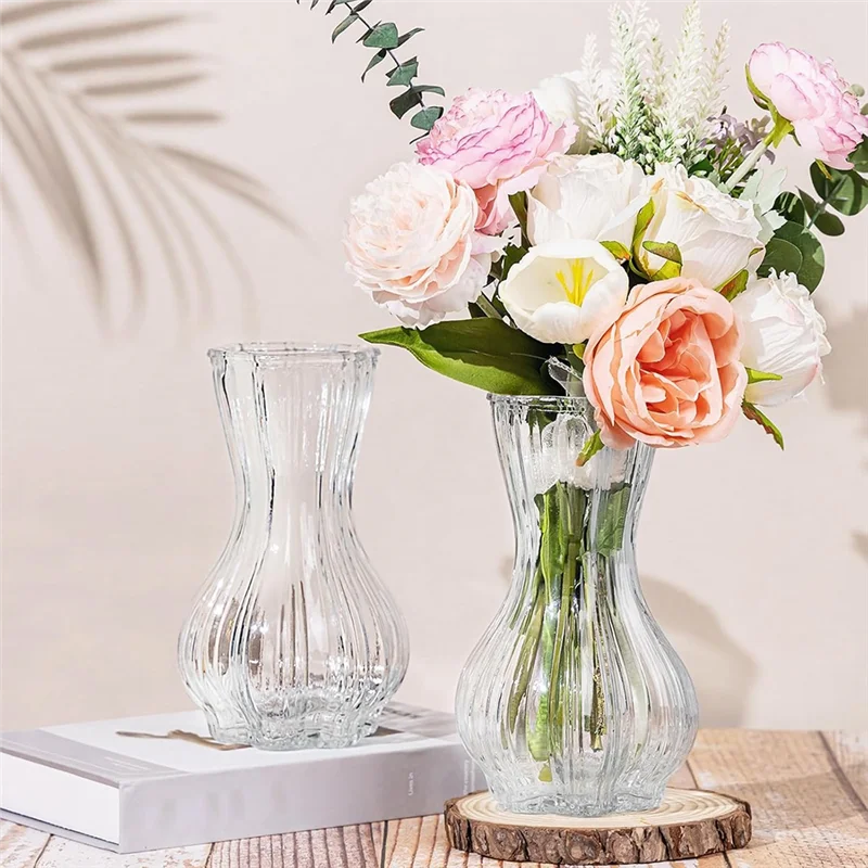 

【Home-Accessories】Glass Vase Set Of 2 With Ribbed Design For Home Decor , Living Room,Wedding Table Centerpieces Vases For Flowe