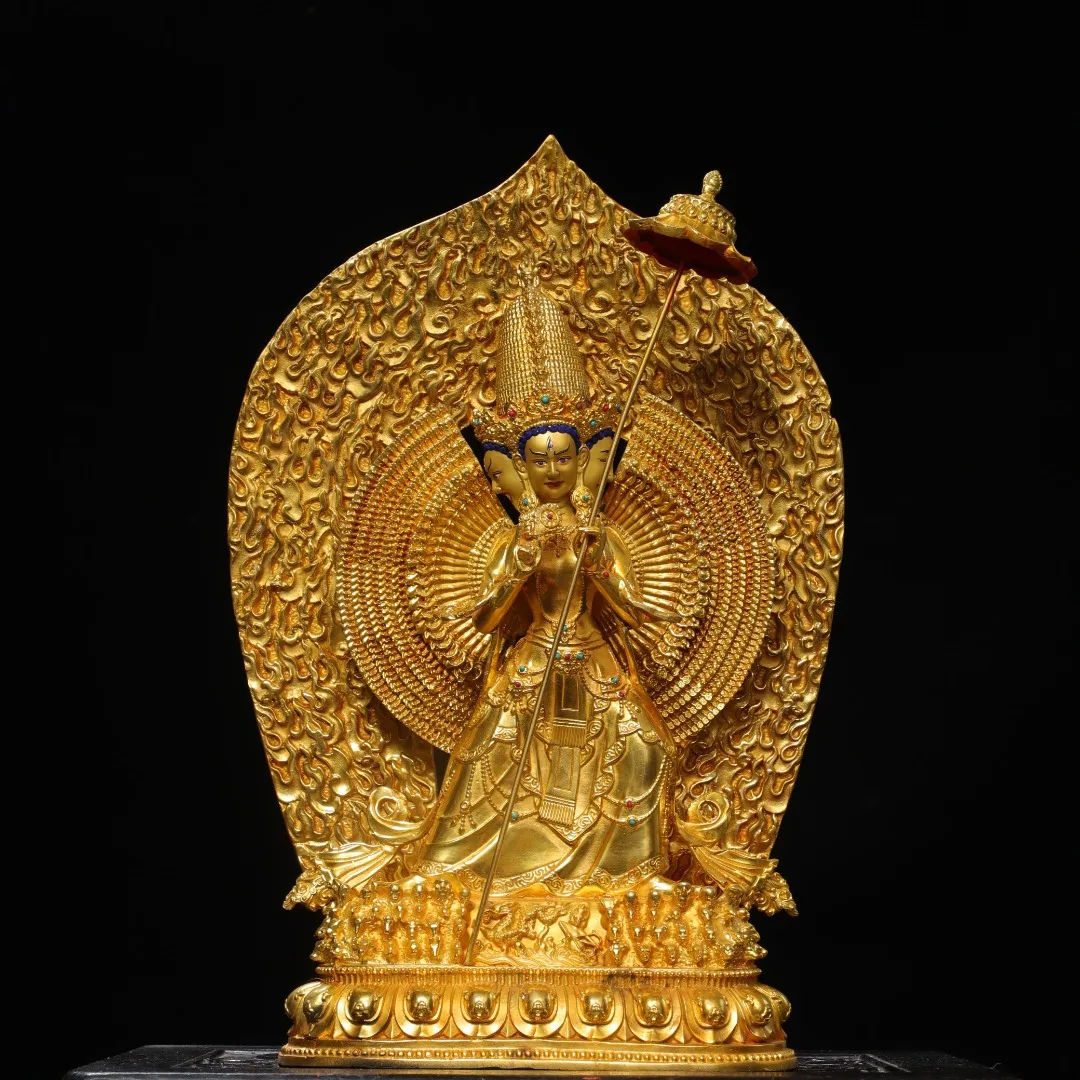 Old Bronze Cinnabar Gilded Mosaic Gem Northern Wei Buddha maha sitatapatra 1000 arm backlight Lotus Buddha Terrace Worship Hall
