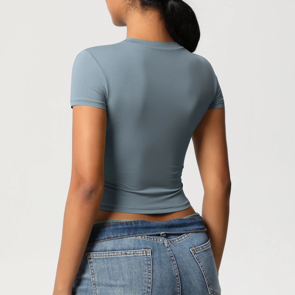 Frauen Sport Shirt Kurzarm Gym Top Workout Kleidung Hohe Elastische Active Wear Femme Lauf Zubehör Fitness T-shirt – Detail 32
