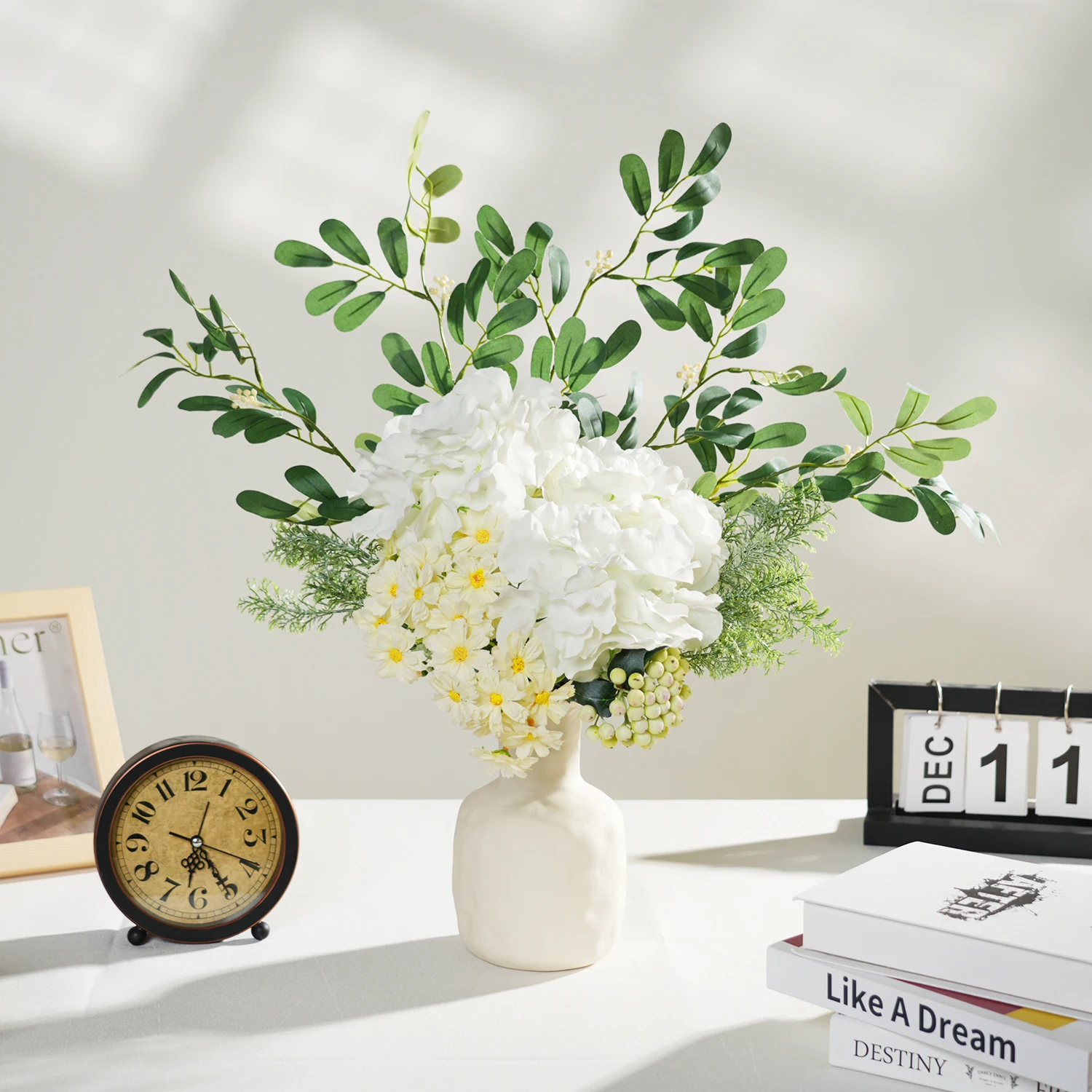 

Uflower Artificial flowers Floral Arrangement White Flower Yellow Daisy Green Leaf Home Room Table Decoration