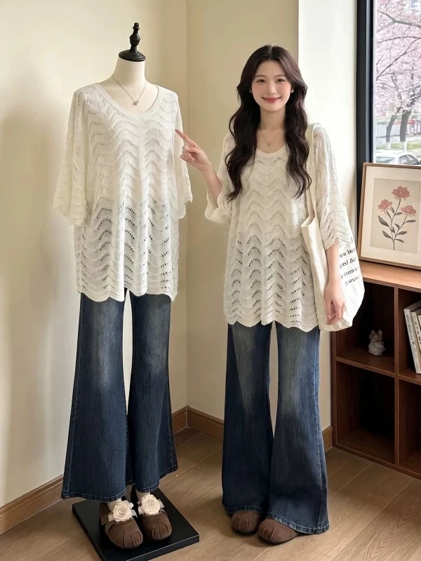 Thin Hollow out Knitted Short Sleeve V-Neck T-Shirt Women's Summer New plus Size Micro Fat MM Mid-Length Loose Fit Top
