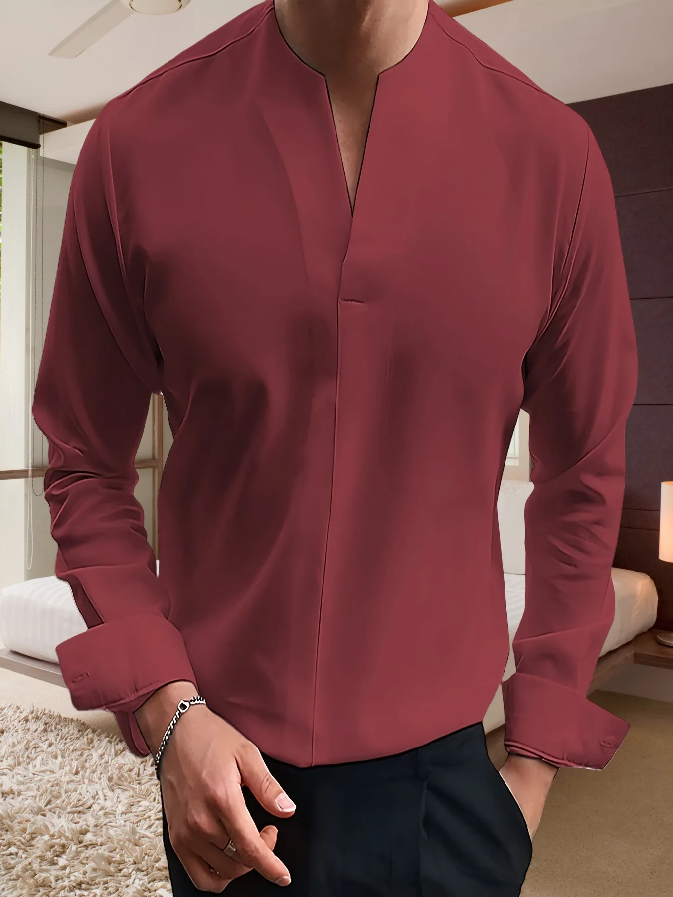

Men's Fashion Streetwear V-Neck Solid Color Long Sleeve Shirt Slim Fit Casual Pullover Soft Breathable Daily Wear Tops For Men