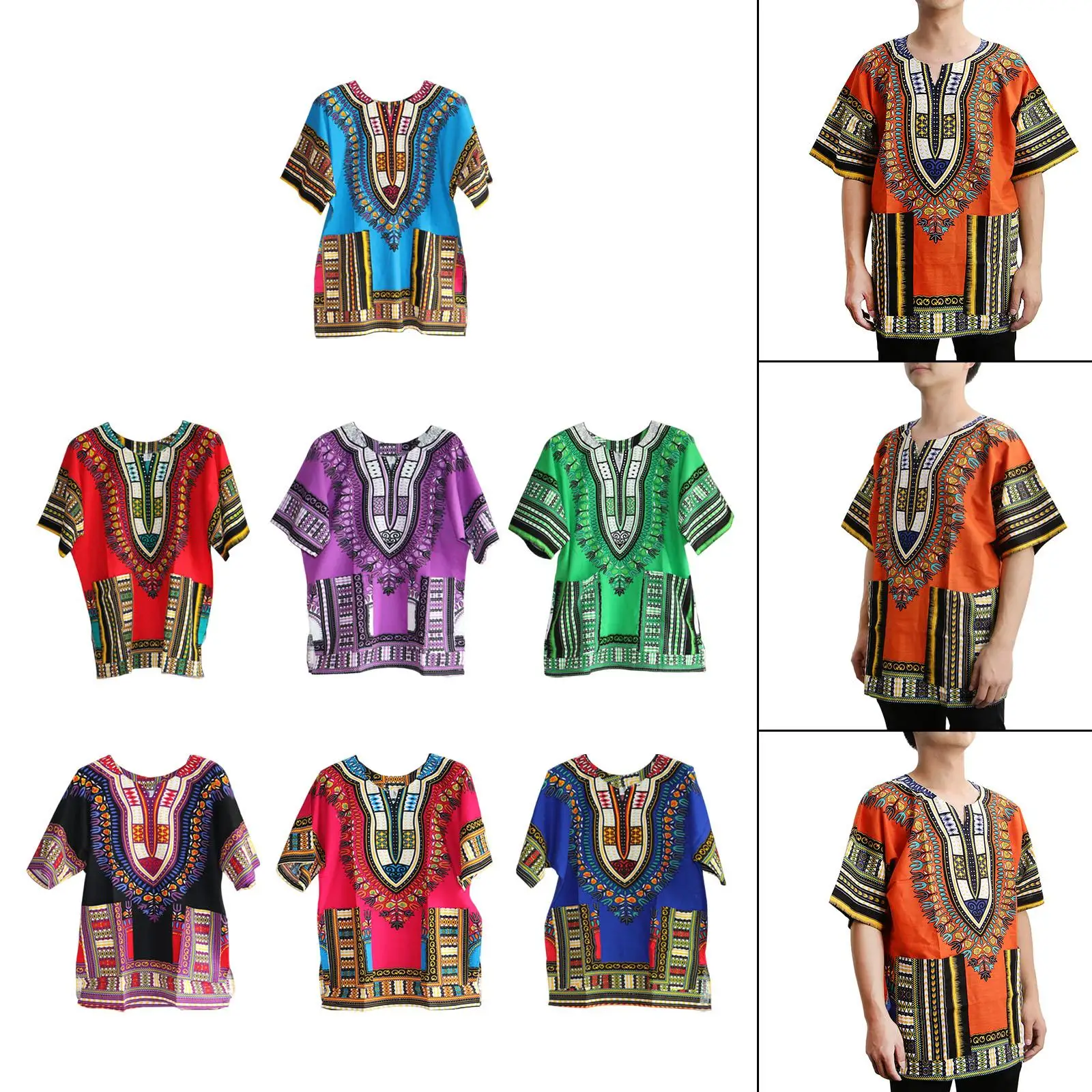 African Traditional Dashiki T Shirt Floral Geometric Print Cotton Blend Loose Fit Unisex Clothing for Men Women Casual Summer view 6