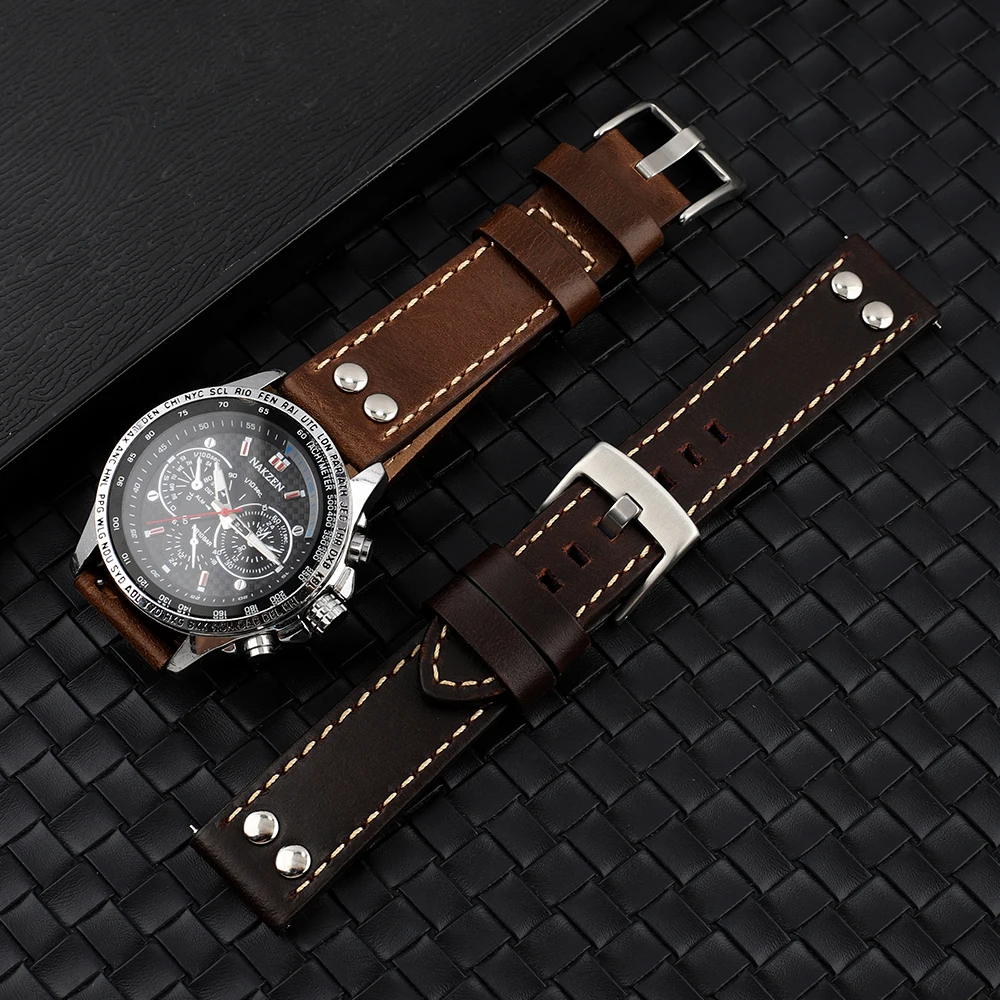 Rivets Quick Release Watch Strap Band 20mm 22mm Coffee Brown Watchband Stainless Steel Buckle Wrist Belt Bracele