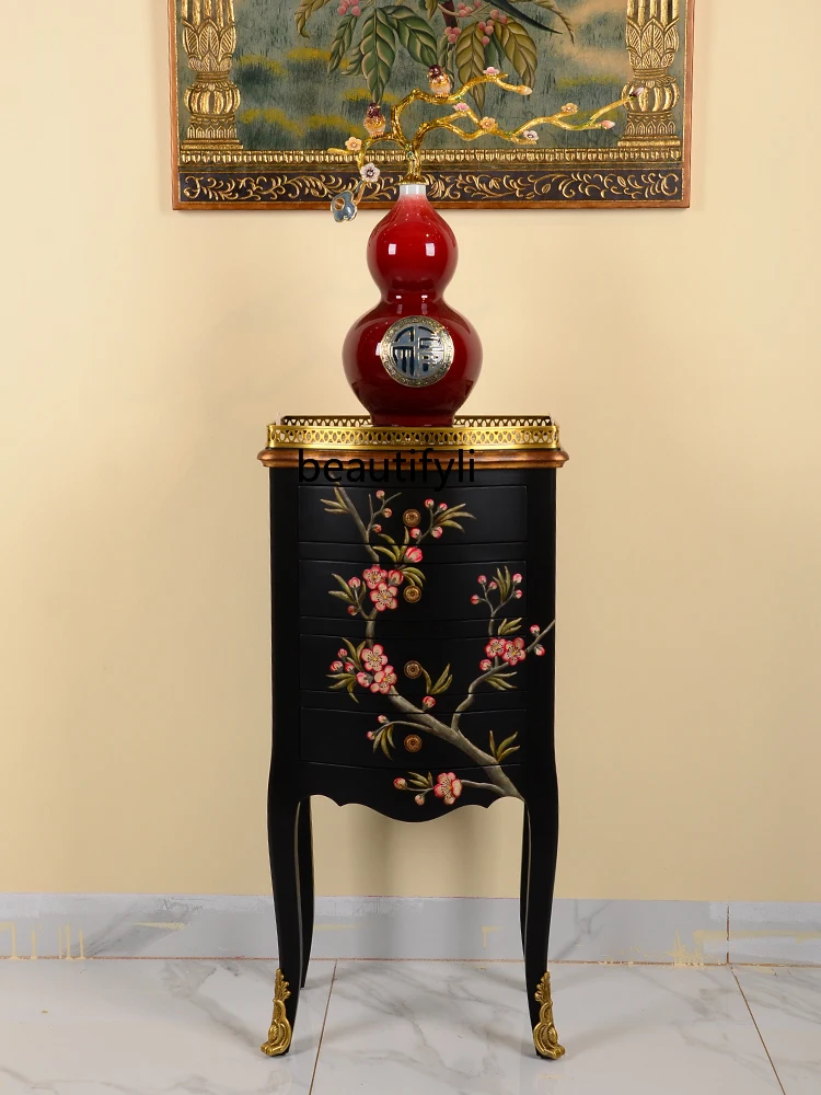 European Style Retro High Leg Small Side Cabinet Aisle Flower Stand Hand Painted Art Pattern Side Table