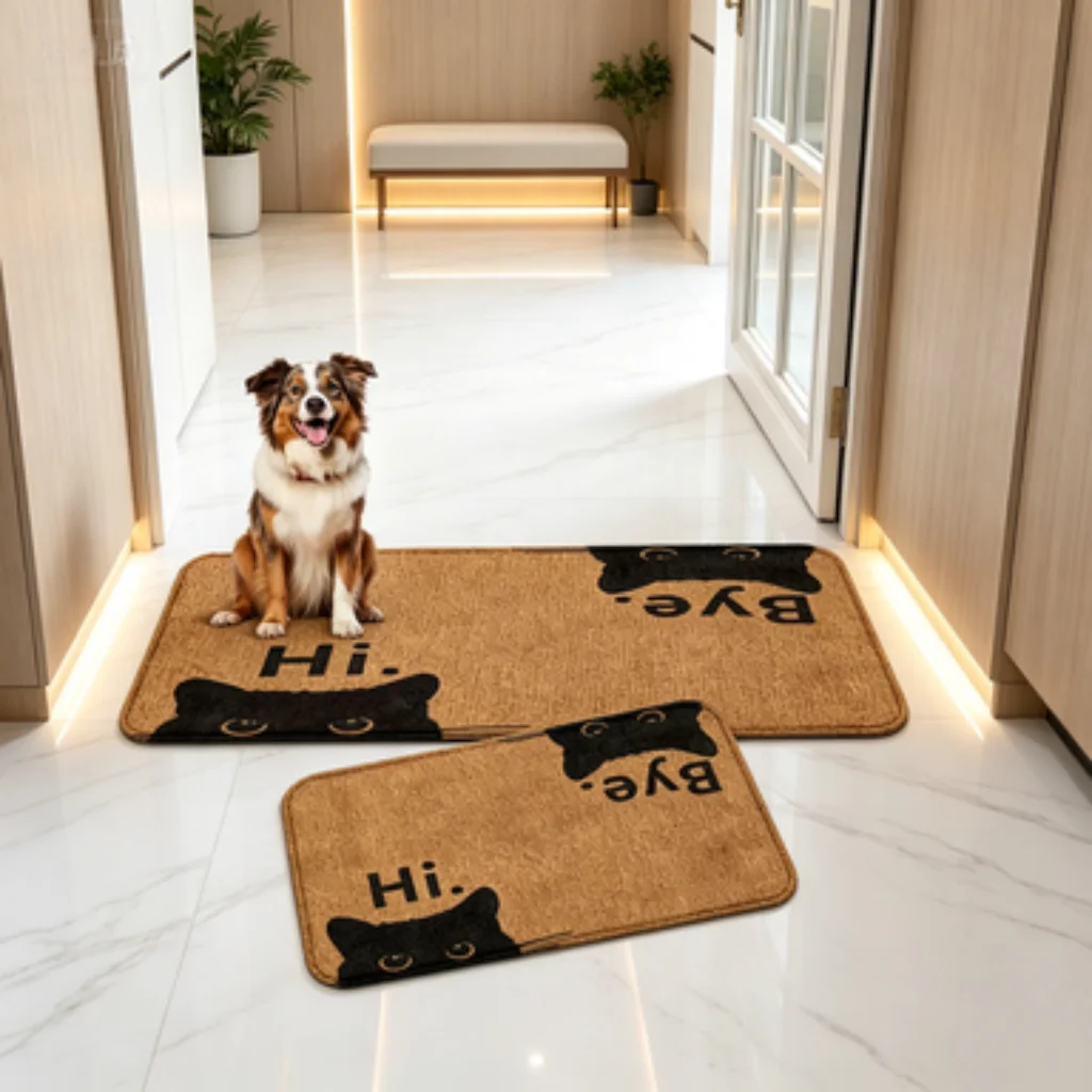 Black Cat Hi Bye Mat, Line Art Cat Greeting Mat, Sketch Cat English Runner, Minimalist Clover Cat Door Mat.
