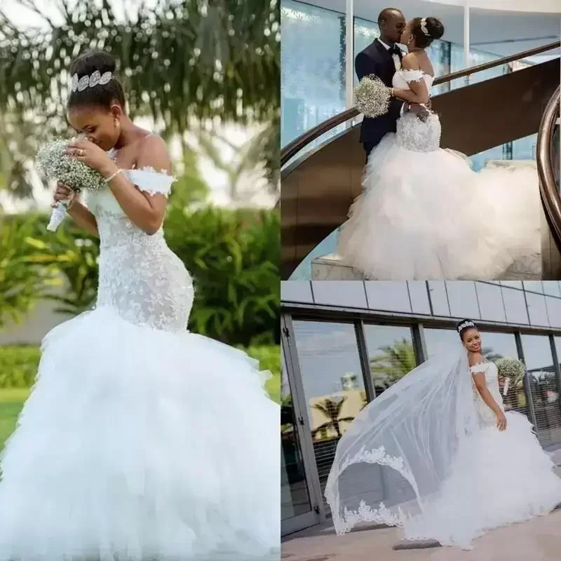 Customized African Mermaid Wedding Dresses Off The Shoulder Lace Appliques Ruffles Plus Size Bridal Gowns Beach Country Vestido