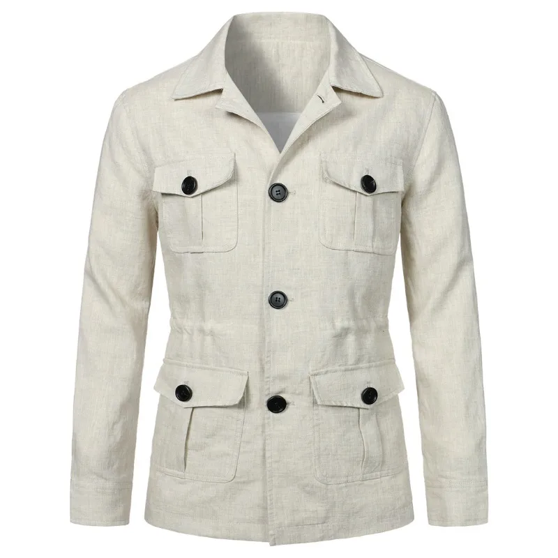 Spring new lapel multi-pocket tooling jacket men's casual linen jacket