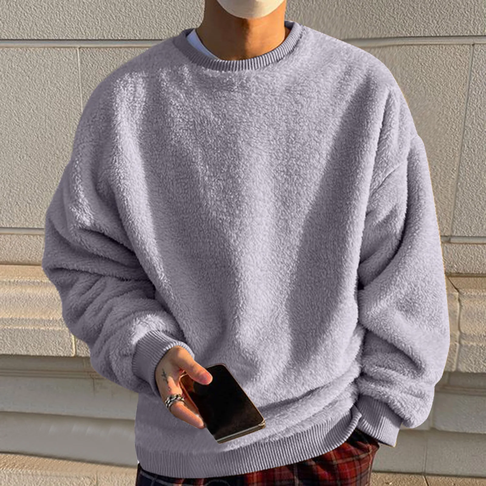 

Mens' Sweatshirts Autumn Warm Fuzzy Solid Color Oversize Basic Pullovers Tops Plus Size Long Sleeve Round Neck Loose Clothing