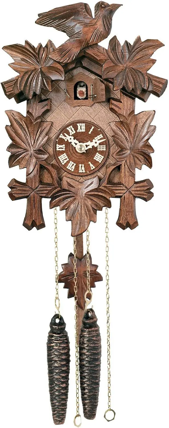 City Clocks One Day Hand-Carved Cuckoo Clock with Five Maple Leaves & One Bird - 9 Inches Tall - Model # 11-09