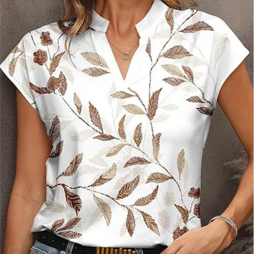

Leaf Print Pullover Blouse Tops 2025 Summer French Fashion Print V-neck Short Sleeved Shirt For Women Blusa Feminino Camicie