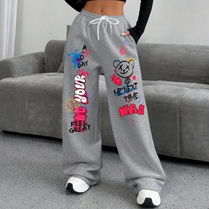 New Model Men Gothic Vertical Graphic Wide Leg Sweatpants Drawstring Loose Straight Baggy Y2K Dark Punk Streetwear Pants.