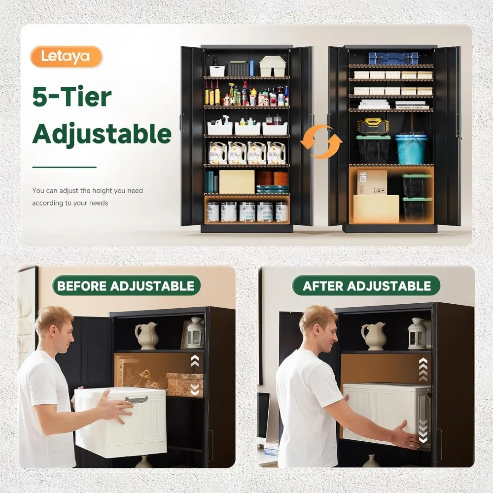 72-Inch Tall Steel Metal Garage Storage Cabinets with Lockable Doors and 5 Adjustable Shelves for Home and Office Use