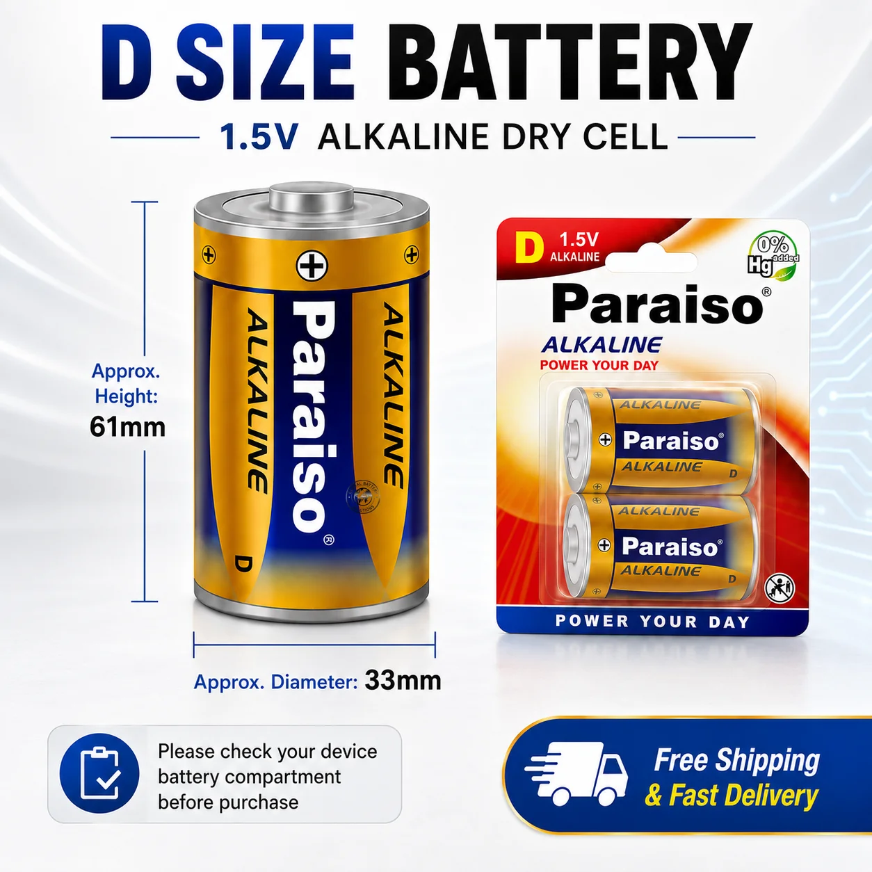 D Size Alkaline Battery 1.5V Non-Rechargeable Household Replacement Cell for Gas Stove Water Heater Ignition Flashlight Radio