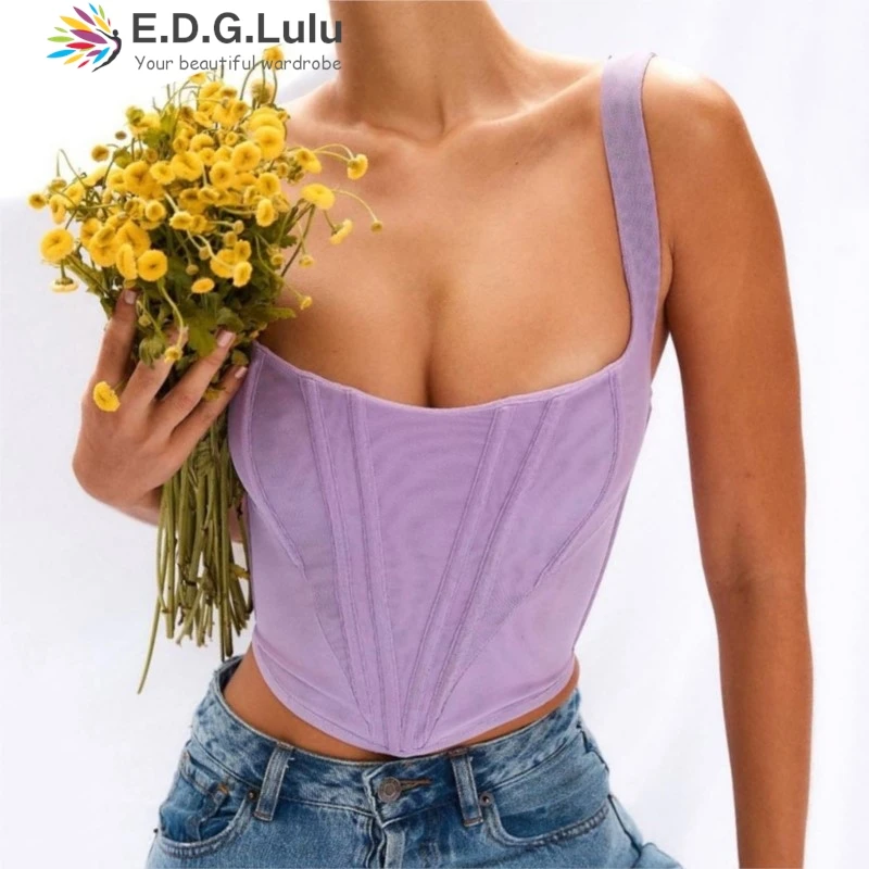 EDGLuLu موضة ساحة الرقبة بلا أكمام المحاصيل الأعلى السيدات مثير عارية الذراعين هيكل السمكة عدم التماثل تانك القمم للنساء 1027