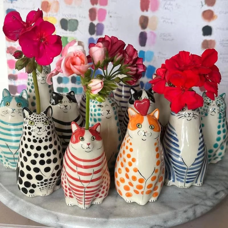 Multicolor Spotted Polka Dot Cat Vase Resin Cute Table Decor Vase Floral Arrangement Home Ornament
