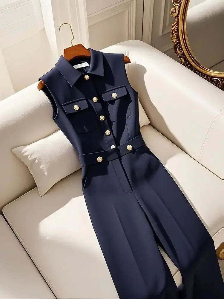 الكورية الرجعية بولو طوق جيوب واحدة الصدر الأزرق الداكن حللا الفرنسية أزياء مكتب سيدة كل مباراة الصيف بذلة طويلة