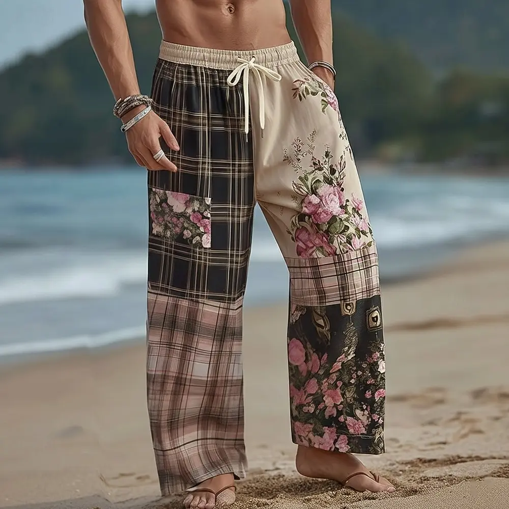 

Men's Color Spliced Floral Print Wide Leg Pants Casual Mid Waist Bohemian Retro Style Outdoor Vacation Elastic Drawstring