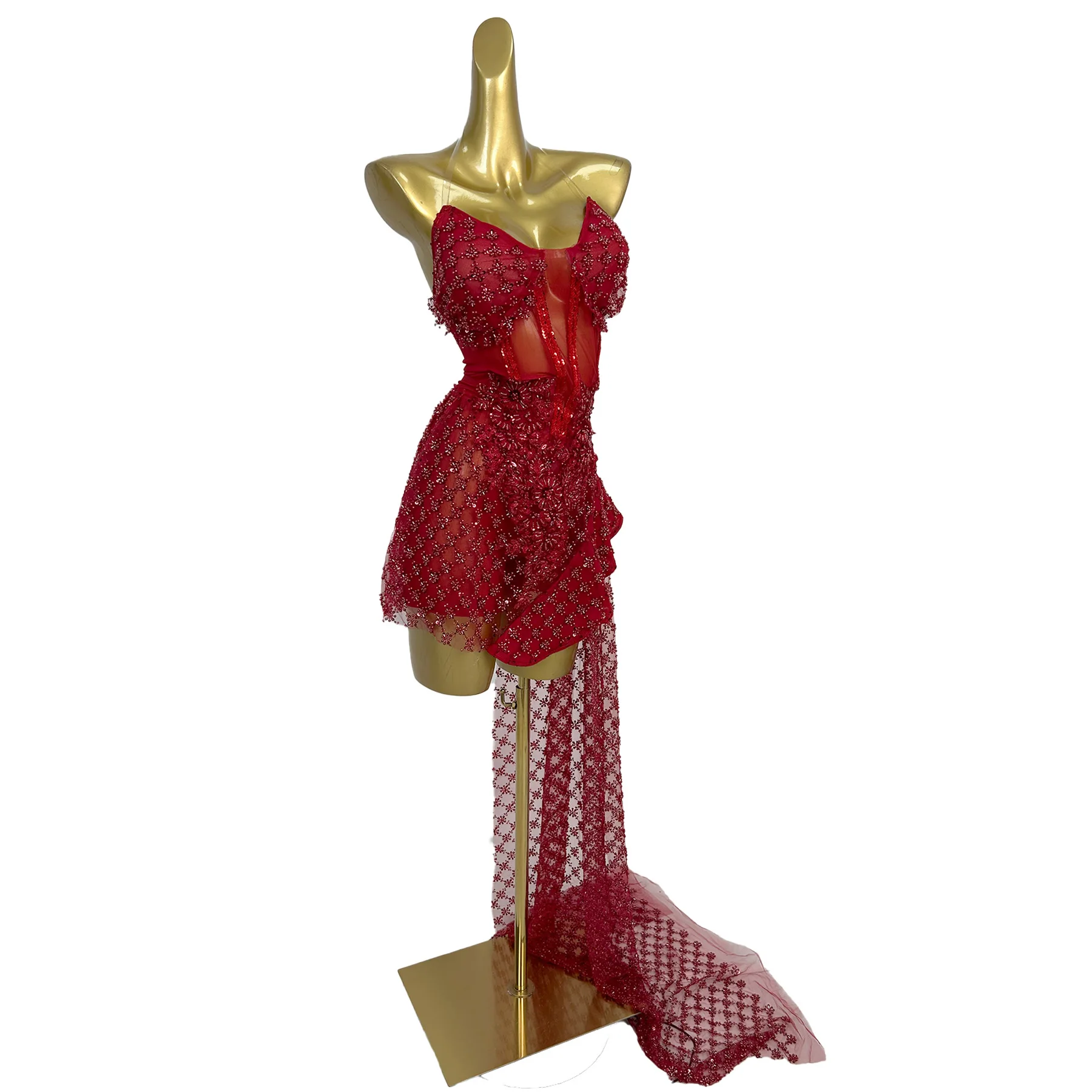 Gaoduanjinyulin Luxury Evening Dress Sparkling Red Rhinestone Sexy Mesh Strapless Irregular Dress Bar Prom Gowns Party Dress