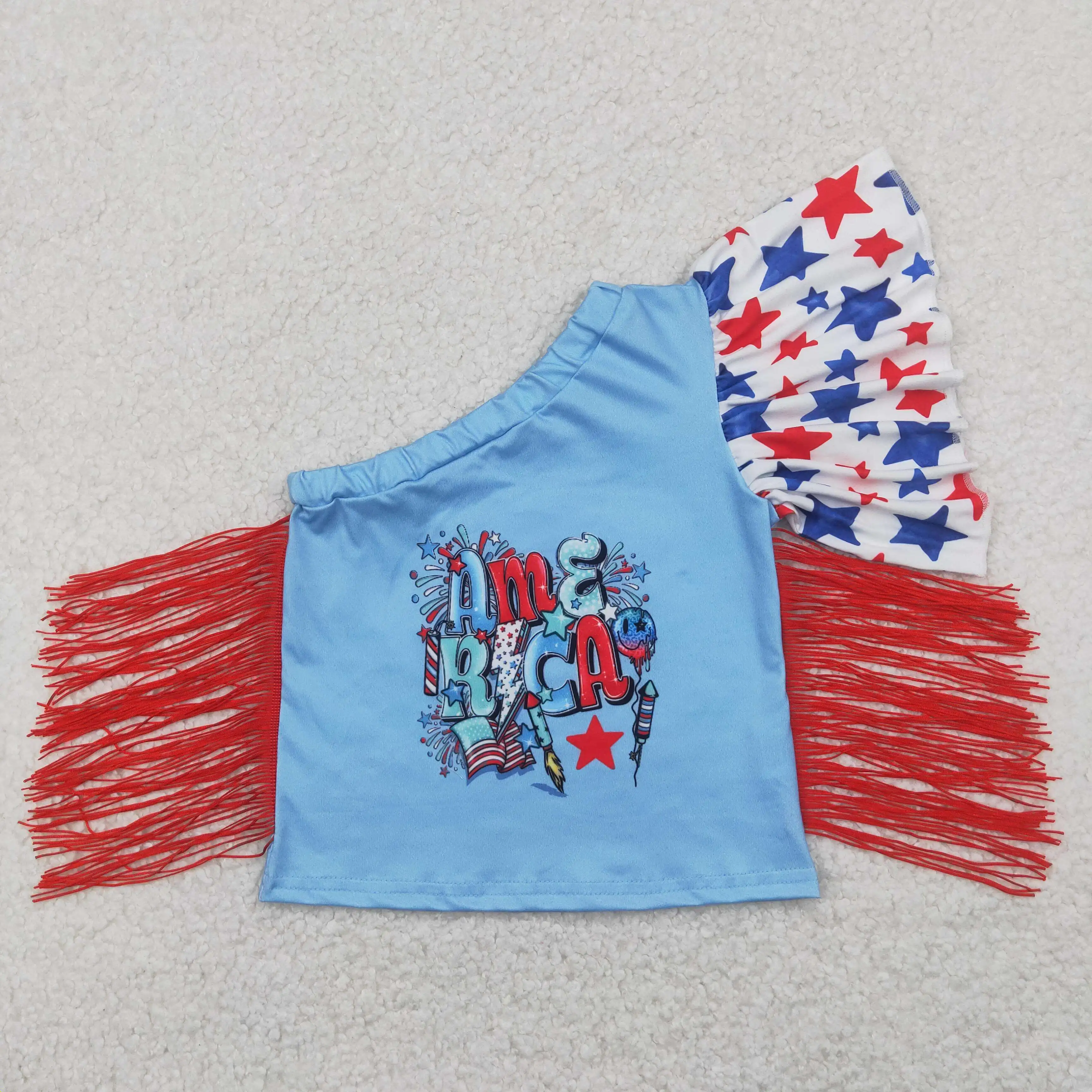 

4.7 Wholesale hot sale western boutique kid children Baby Girls 4th Of July Stars America Fringe Tops