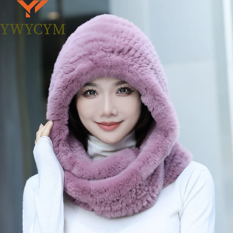 2025 Hot Sale New Women Real Knitted Rex Rabbit Fur Hat Hooded Scarf Long Winter Warm Fur Hat With Neck Collar Scarves Hat Scarf