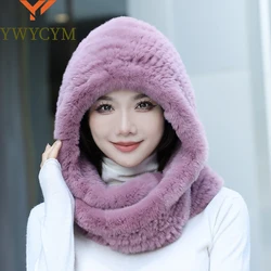 2026 Hot Sale New Women Real Knitted Rex Rabbit Fur Hat Hooded Scarf Long Winter Warm Fur Hat With Neck Collar Scarves Hat Scarf