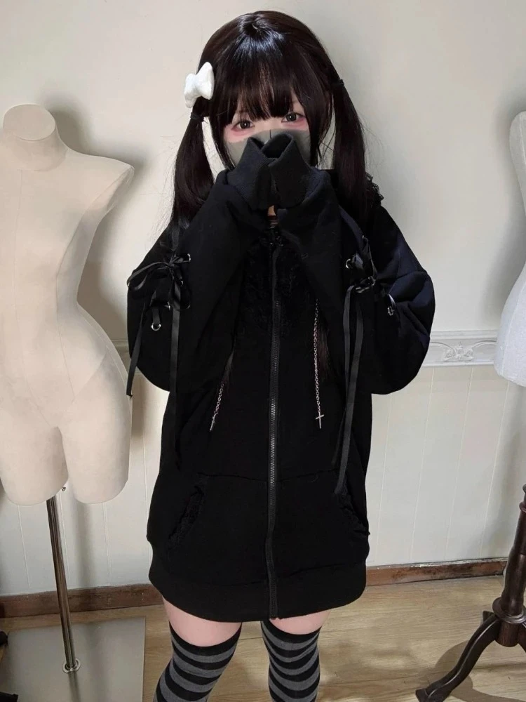 2000s جميل Harajuku عادية فضفاض كم طويل زمم هوديي المرأة Y2k لون نقي مقنعين البلوز ثقافة فرعية معطف الشتاء شيك