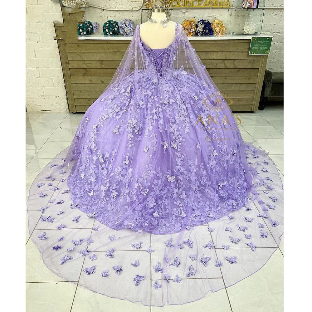 Vestidos románticos de Quinceañera de mariposa Lila lavanda con capa envolvente, caftán con cuentas, corsé con cordones, vestido de graduación dulce 16