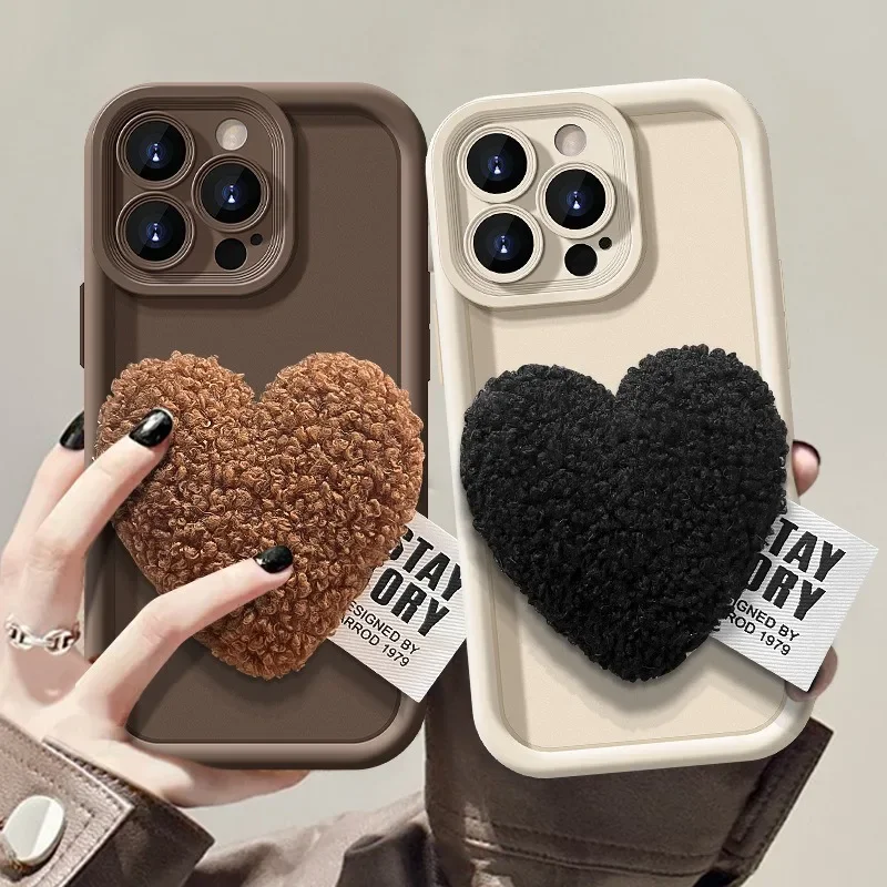 Korean Cute 3D Plush Love Heart Phone Case For Samsung Galaxy S25 S24 S23 S22 S21 Ultra Plus FE A32 A13 A33 A34 A16 Soft Cover