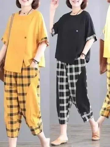 

Женский летний комплект больших размеров в клетку: свободный крой, модный, с коротким рукавом, из двух предметов, скрывающий недостатки фигуры, омолаживающий эффект, для мам, в корейском стиле