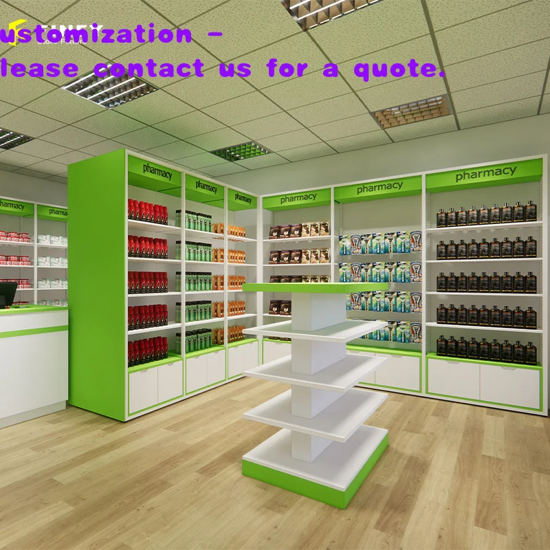 

custom.One-Stop Service Retail Modern Pharmacy Interior Layout Design Customized Factory Price Store Cabinet Pharmacy Display