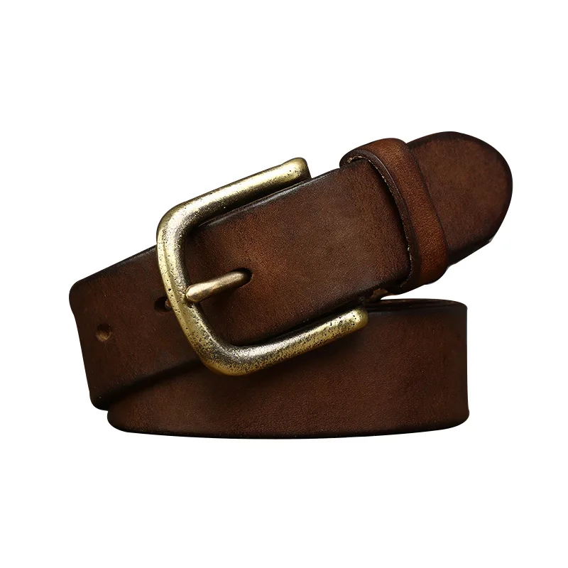 Men's 3.3cm Washed Vintage Distressed Belt, Top Grain Cowhide Waist Belt with Pure Copper Pin Buckle, Casual Jeans Leather Belt