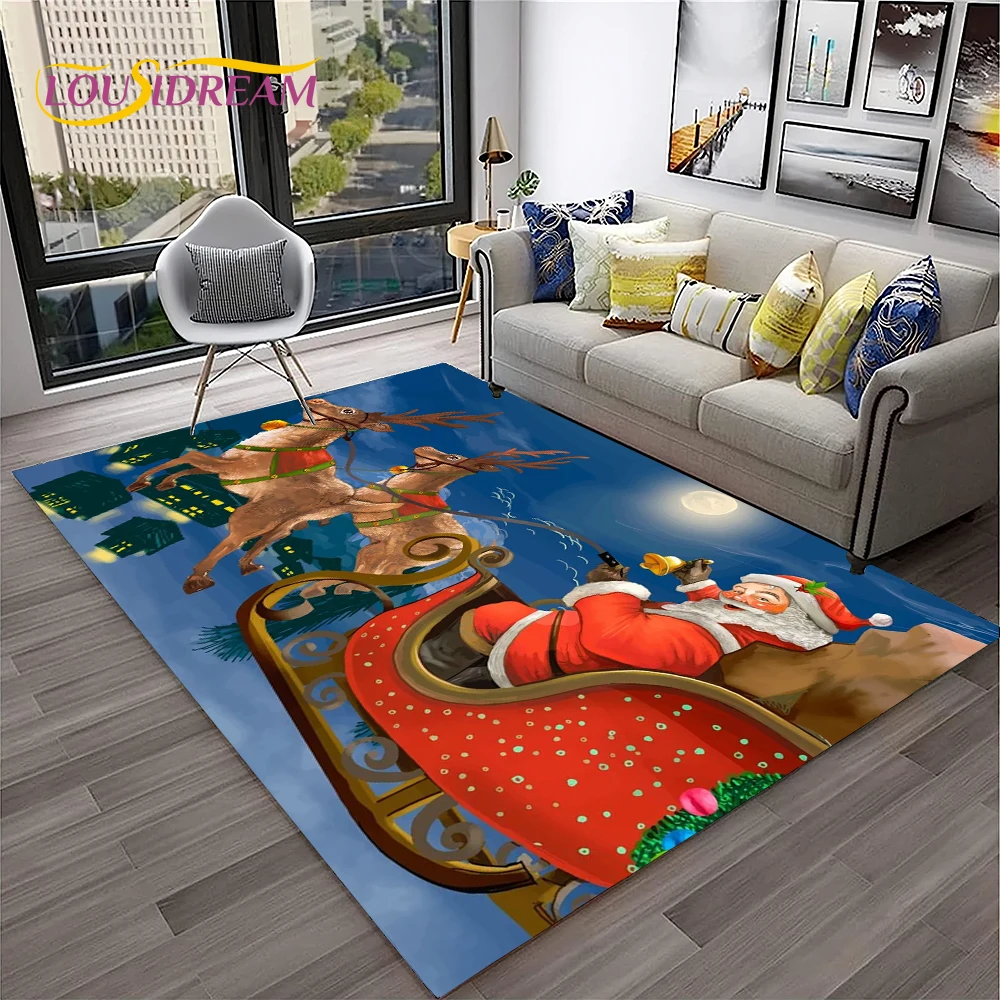 漫画サンタクレウス子供のための滑り止めフロアマット、メリークリスマスの木のカーペット、家庭、リビングルーム、寝室、ソファの装飾、ギフト