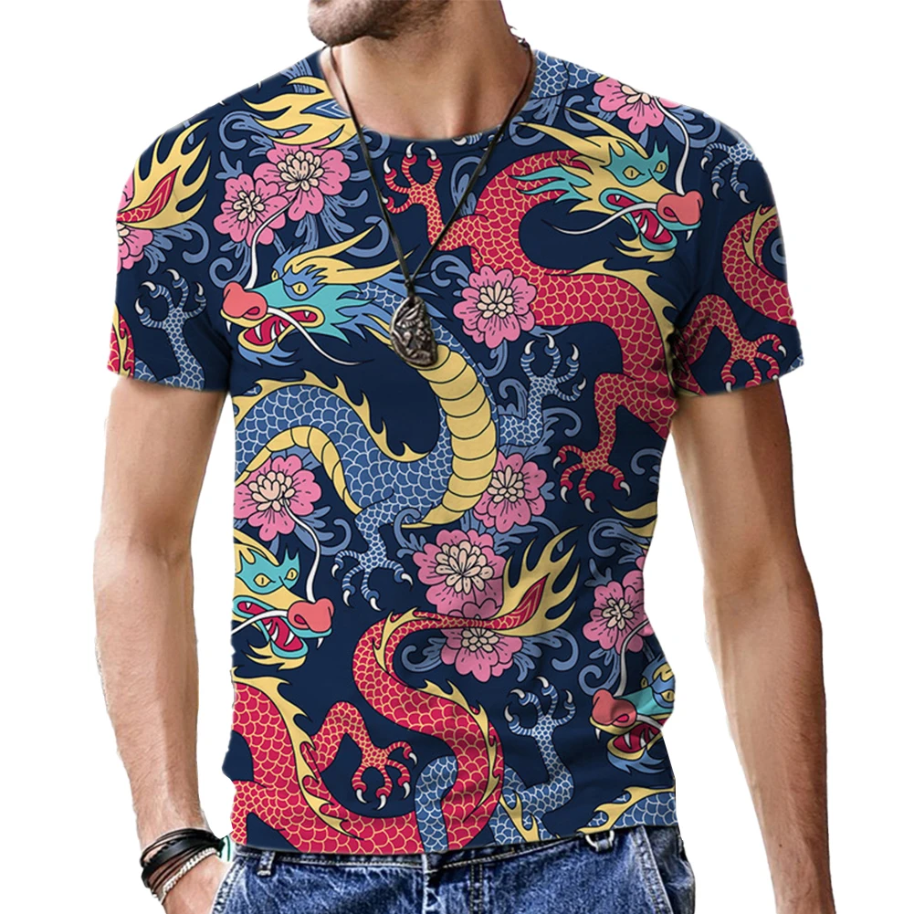 Mens Dragon Print Short Sleeve T-shirt Undershirt Blouse Muscle Activewear Top