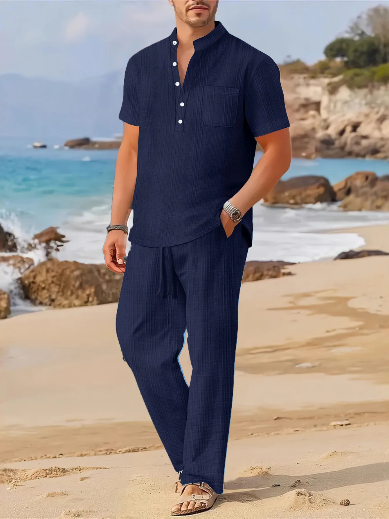 European and American New Men's Casual Suit Solid Color Stand Tie Pocket Polo Shirt+Casual Loose Pants Two-piece Set