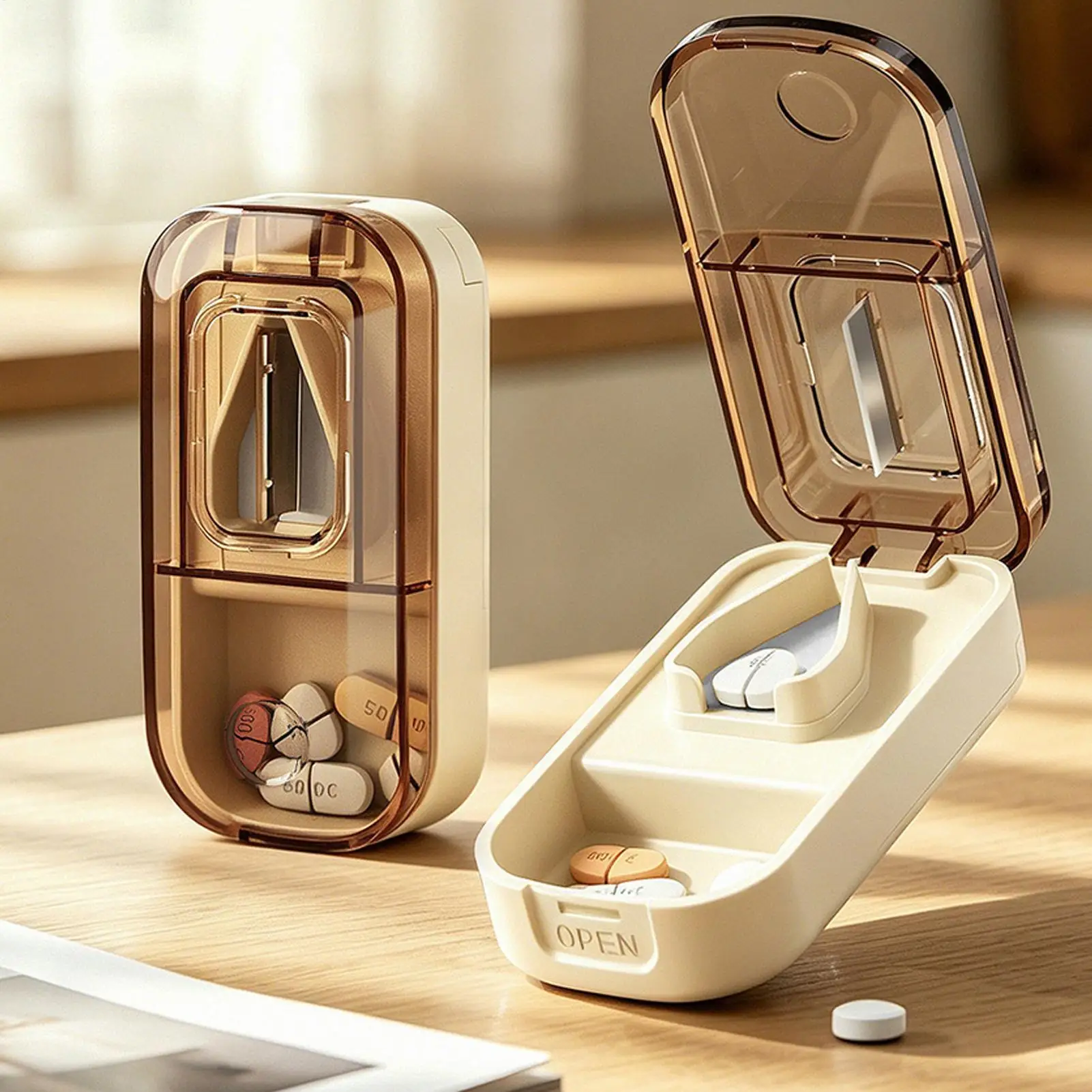 Portable Pills Cutter Built-In Storage Tablet Crusher with Cleaning Brush V Shape Holding Slot Dog Pill Cutter for Home  Daily