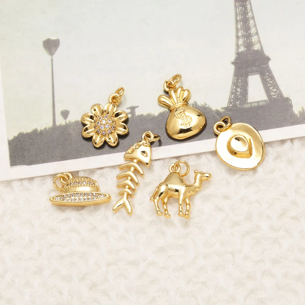 OCESRIO White Crystal Hat Flower Charms for Bracelet Copper Gold Plated Polish Camel Fish Bone Cowboy Hat Purse Charm chma442