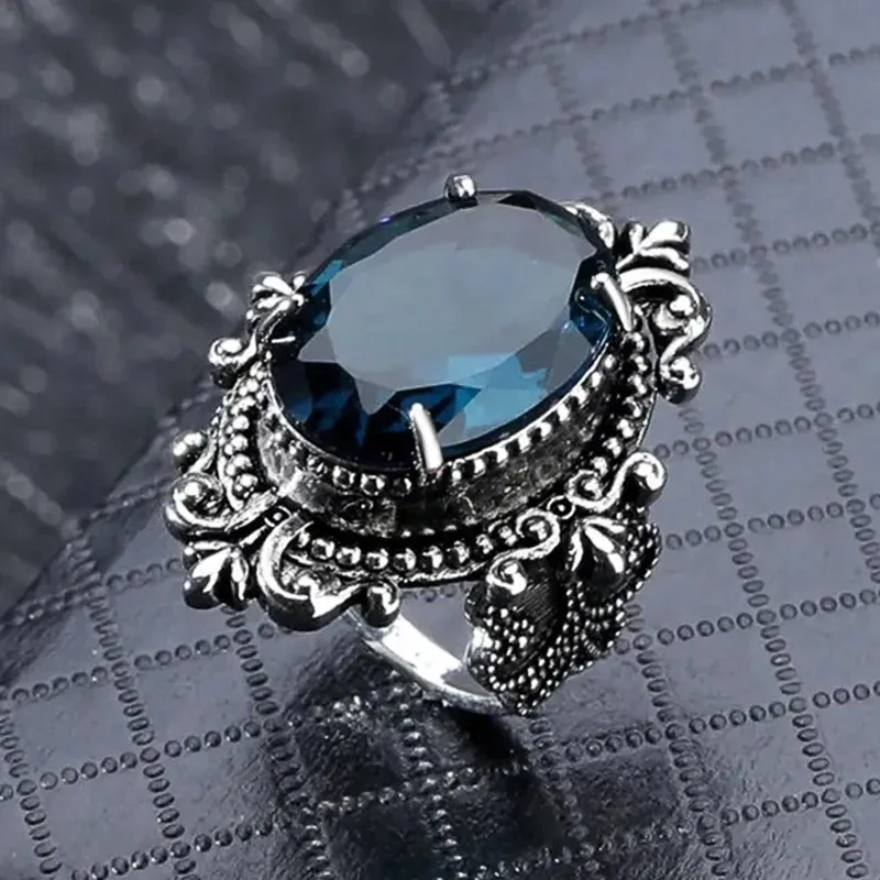 2024 Bohemia Blue Rings for Women Aesthetic Caved Pattern Design Fancy Anniversary Gift Ethnic Finger Accessories Lady Jewelry