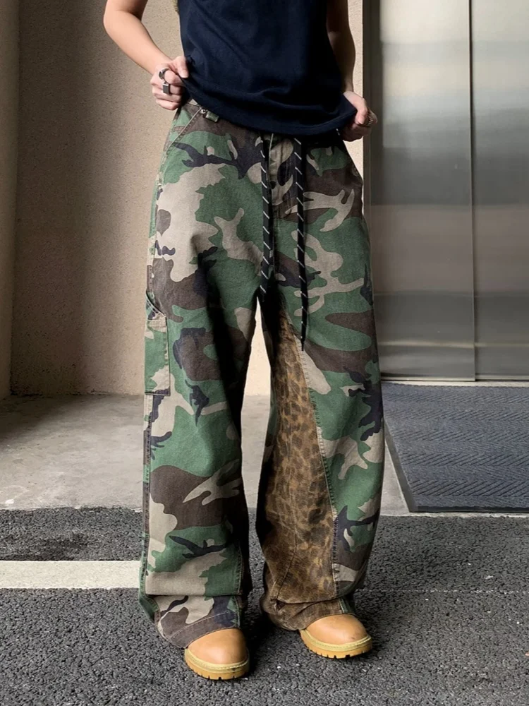 2026 Gothic Y2K Streetwear Camouflage Lopard Patchwork Baggy Cargo Women's Jeans Pants For Woman Clothing Straight Long Trousers