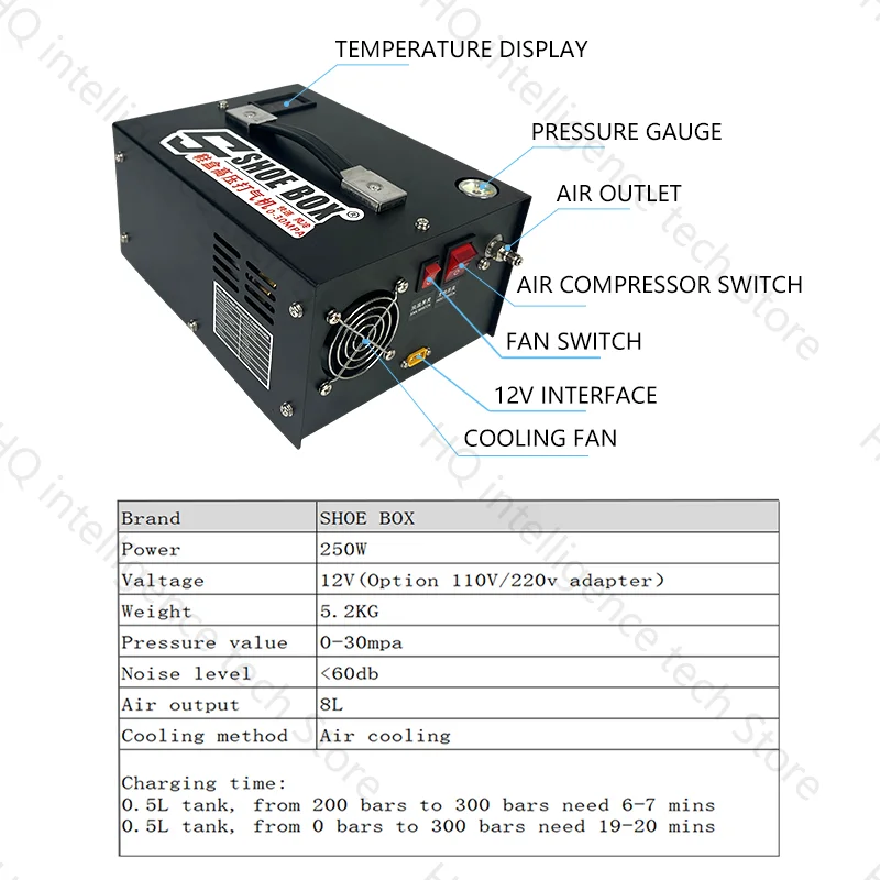 SHOEBOX-compresor de aire PCP de alta presión, bomba PCP para herramienta de equipo de buceo, Rifle o Paintball, 300bar, 4500Psi, 12V/110V/220V