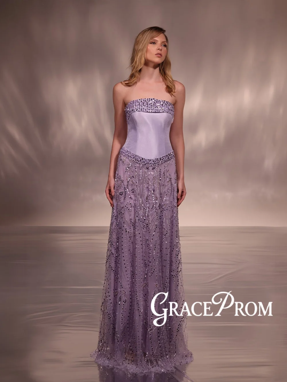 

Purple Embroidery Beaded Evening Dress Glamorous Strapless Long Wedding Party Gowns Customized Gorgeous Chic Banquet Gowns