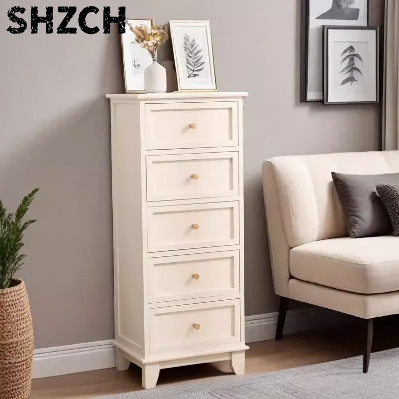 Wooden 5-Drawer Chest - Narrow Bedside Storage Cabinet Solid Wood, Space-Saving, Multi-Functional, Vintage Style
