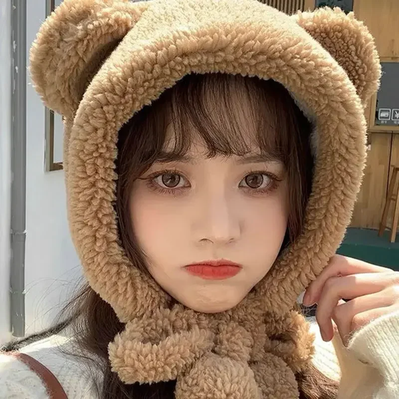 Girl Knit Ear Protection Hat Cute Bear Women Earmuffs Cap Woolen Crochet Bonnet Solid Color Hood Beanies Winter Warm Hats