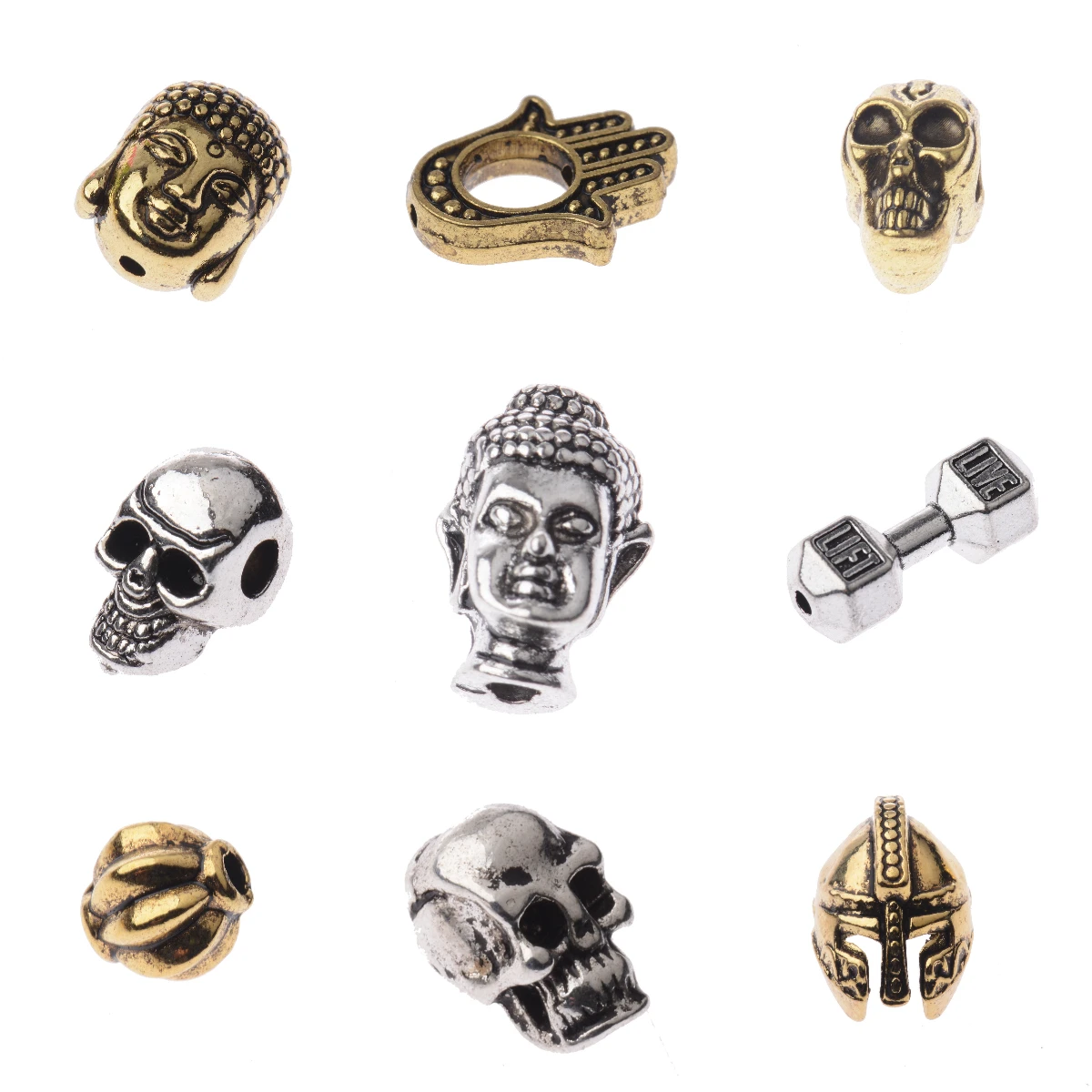 

Wholesale 10Pcs/Lots Metal Charms For Jewelry Making DIY Sliver Gold Color Pirate Skull Helmet Buddha Beads Spacer Beads