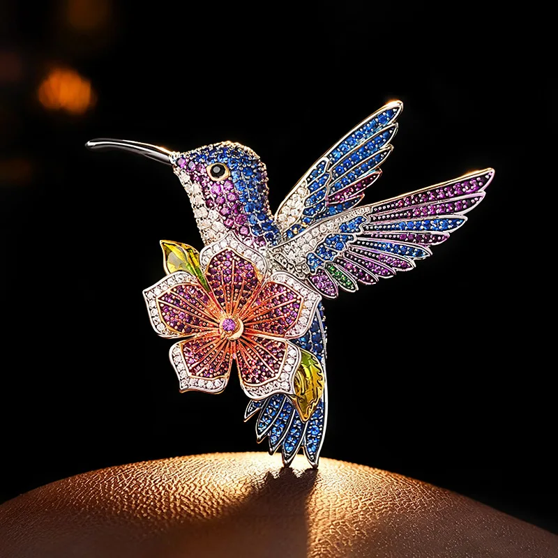 Enamel Hummingbird Flower Brooch, Vintage European Full Zircon Floral Lapel Pin for Gown Suit